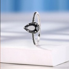 Pear Cut Natural Black Onyx Halo Engagement Ring 925 Silver Vintage Jewelry Gift