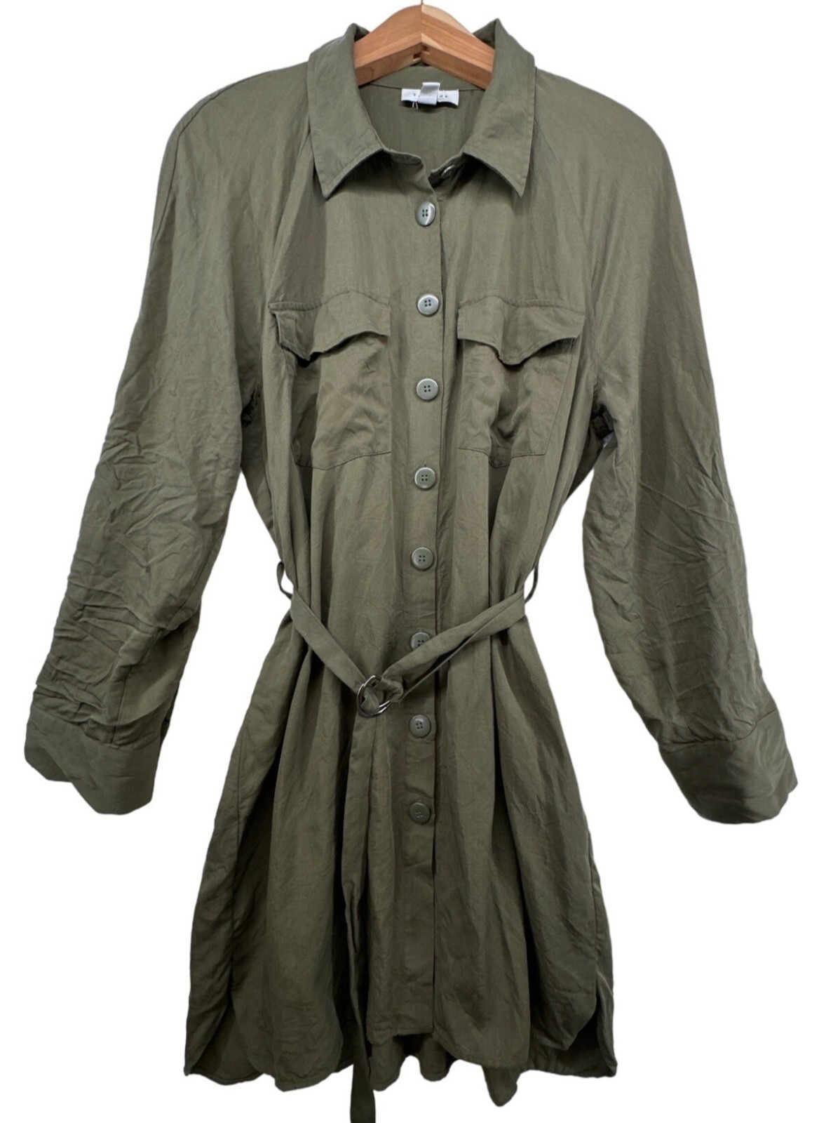 Topshop ShirtDress Sz 10 Army Green Button Front Roll Tab Slv Modern City Safari