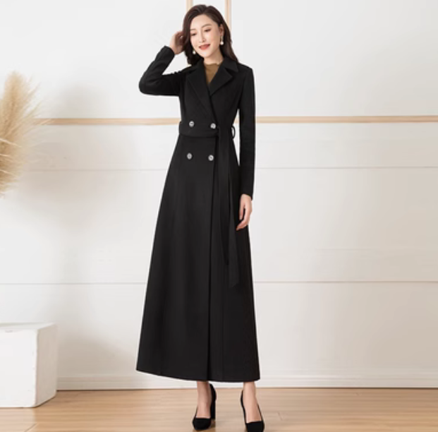Womens Ladies Maxi Long Full Length Belt Coat Double Breasted Wool