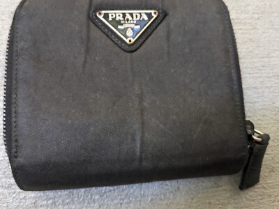 Prada Wallet Black Nylon Zip Around Tessuto Milano Silver Italy