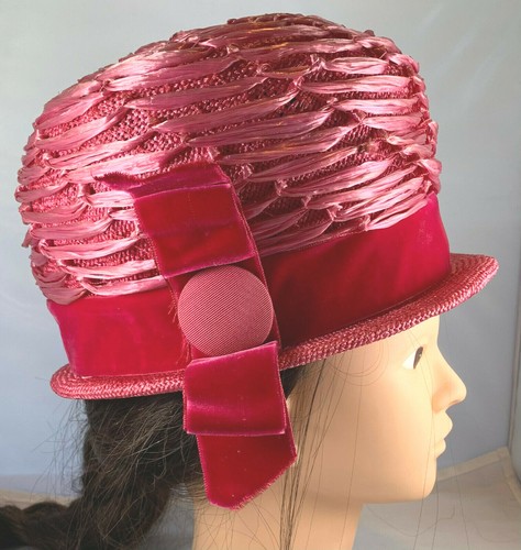 VINTAGE GRIEVE'S STRAW WOMEN'S HAT CLOCHE BUCKET PINK - Picture 2 of 10