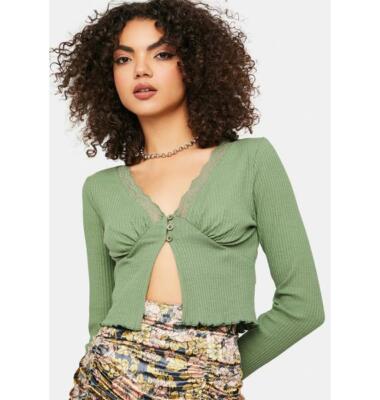 BDG Urban Outfitters V-AUSSCHNITT SPITZE CARDIGAN OBERTEIL grün GRÖSSE Small KOSTENLOSER UK-VERSAND