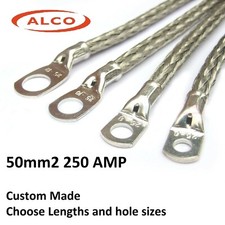 HEAVY DUTY Copper Braided Earth Lead Strap, various lengths, holes, 50mm2