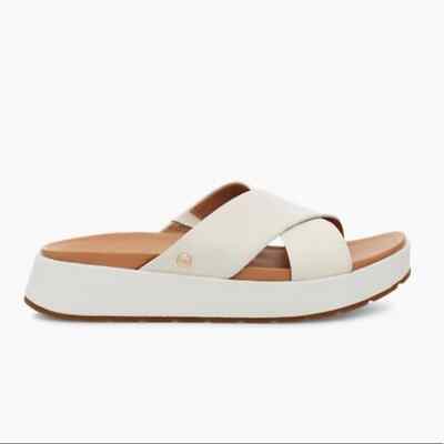 UGG Emily white leather criss cross platform slide sandals women's