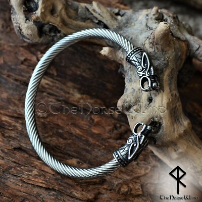 Viking Cuff Bracelet Fenrir Wolf Mens Bangle Silver Solid Bjorn Wristband