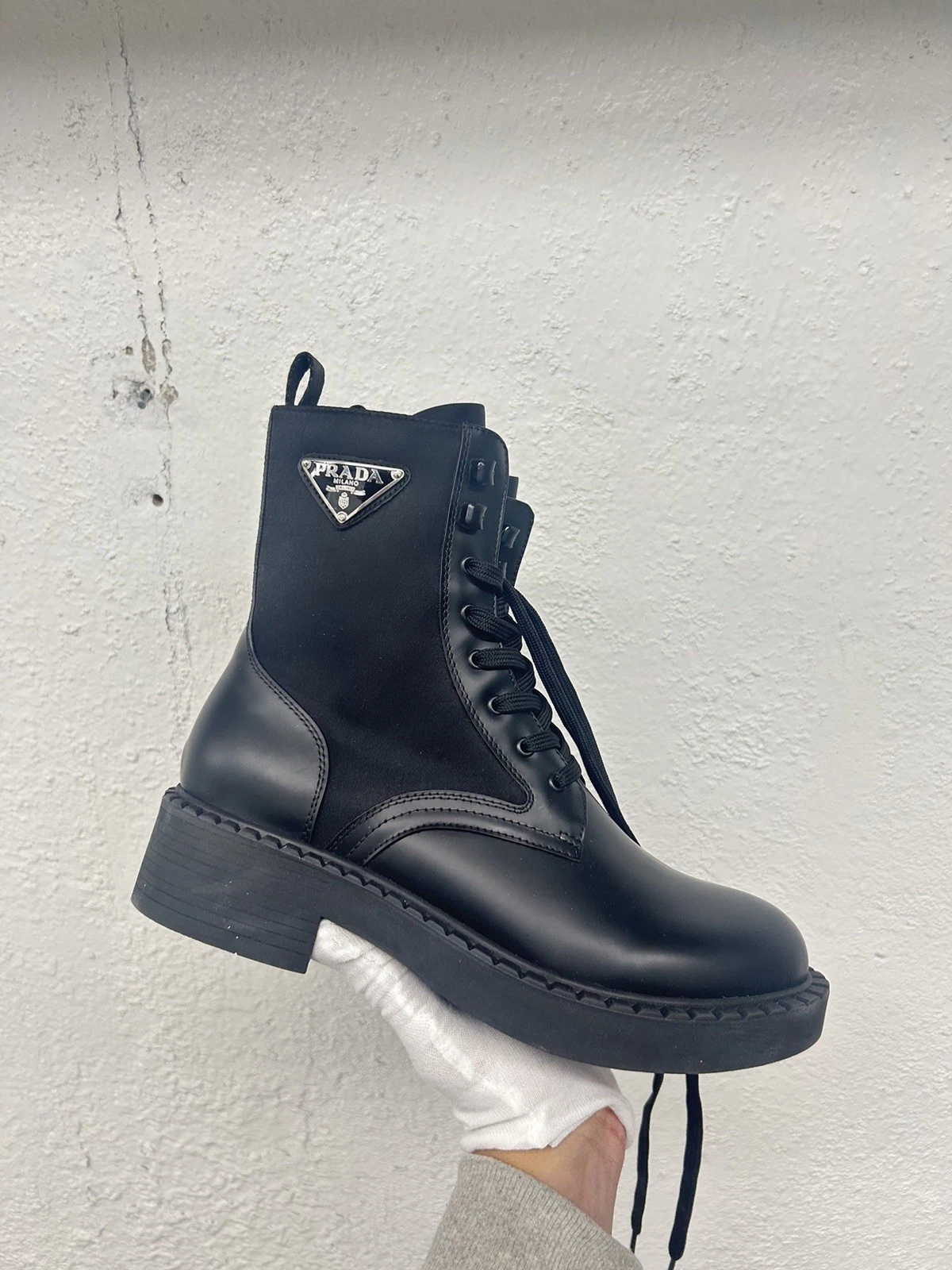 Prada Monolith Spazzolato Re-Nylon Leather Combat Boots Size 9 US 39 EU BB90