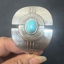 Silver Tone Metal Cuff Bracelet w/ Oval Blue ...