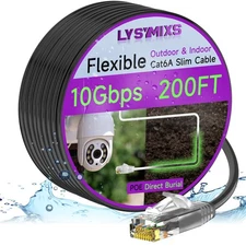 Cat6a Ethernet Cable 200ft Slim Outdoor Indoor Waterproof 10G LLDPE UV Black