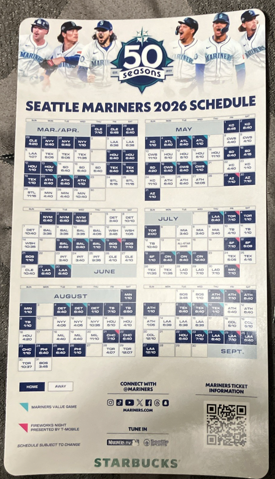 2026 Seattle Mariners Magnetic Schedule SGA 3 26 26 ONE Pocket S L960 