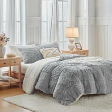 Gray Faux Fur Comforter Set 3 Pieces - 1 Shaggy Comforter King Light - Grey