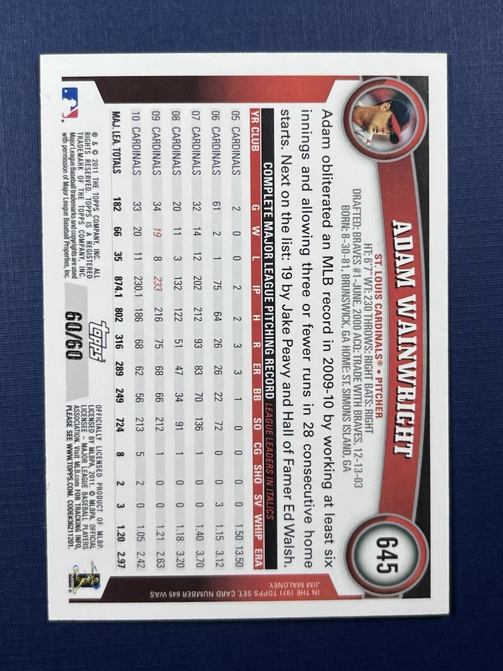 2011 Topps 60º Aniversário Adam Wainwright #645 Black Border /60 EBAY 1/1 - Imagem 2 de 2