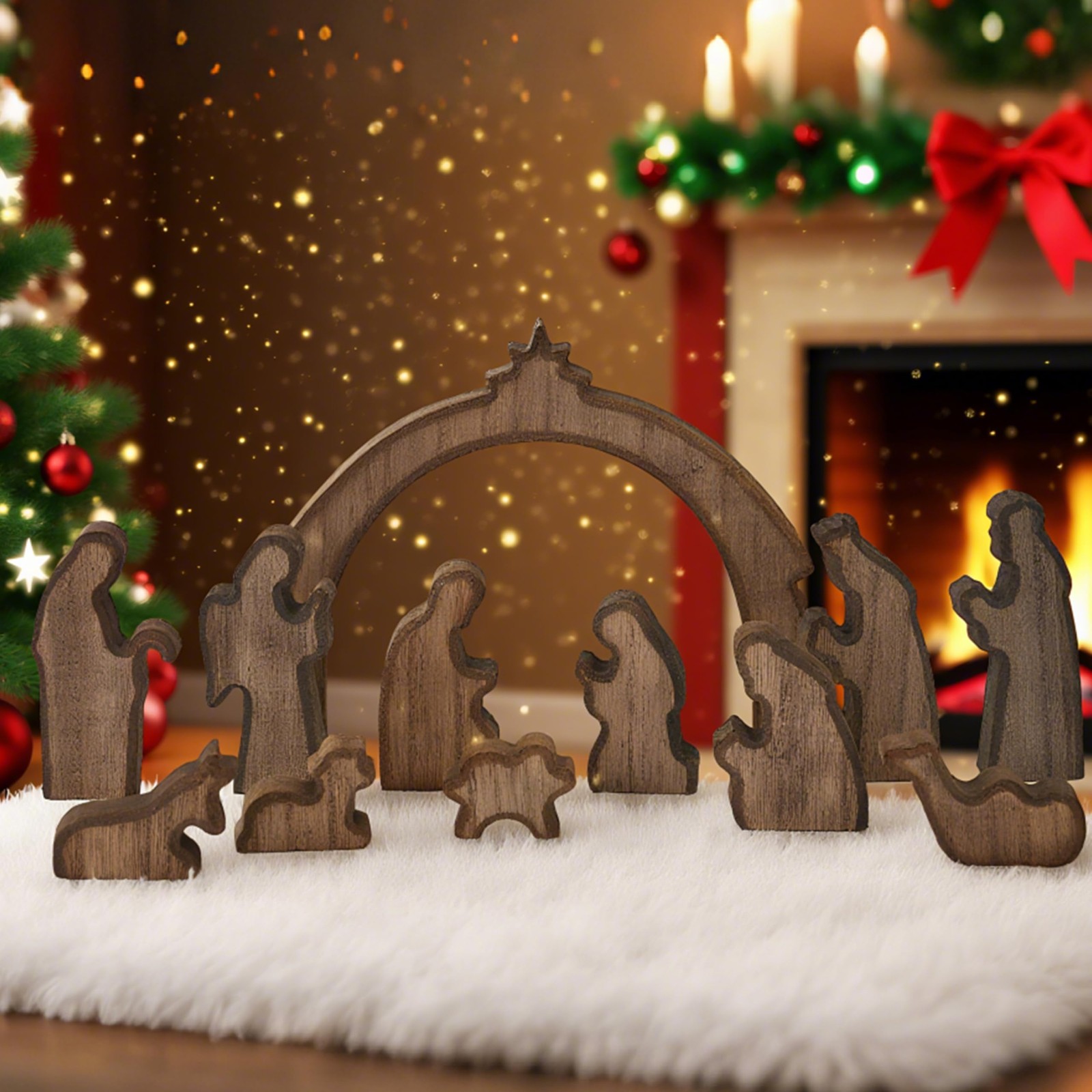 Indoor Christmas Nativity Set 12pcs Wooden Manger Rustic Mini Figurines
