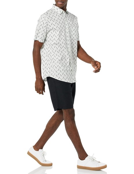 Herren Kurzarm-Hemd Stretch-Popeline, Hellblau Vogelaufdruck, GrößE S, Amazon-image