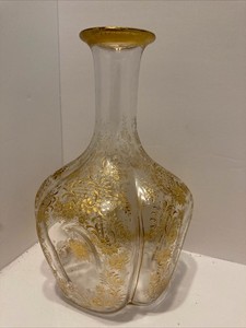 Antique French Pinched Glass Decanter Gold Gilt Beautiful