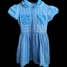 Vintage Girls Dress 10 1950's Blue Gingham Peter Pan Collar Lace Trim Dorothy