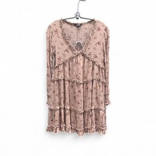 Pink floral tiered babydoll dress size small 19" ptp 32.5" length by Oddy (s3)