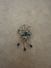 Vintage Gold Tone Blue Clear Rhinestone Brooch Pendant 2"