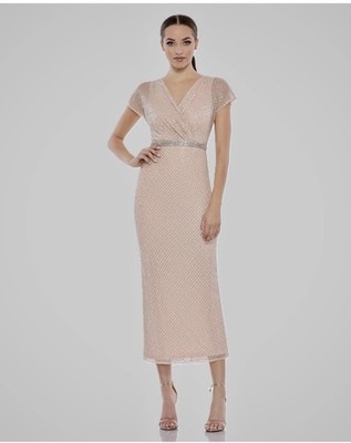 Mac Duggal 93787 Pink Beaded Rhinestone Wrap Midi Dress 4 V-Neck Cap Sleeve NWT
