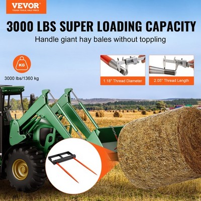 VEVOR 49in Hay Spear, Bale Spears 3000lbs Loading Capacity, Skid Steer Loader Tr