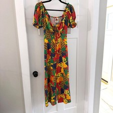 NWT XS FARM Rio Fruit Salad Square Neck Puff Sleeve Midi Dress XS Colorful Boho