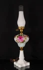 Vtg~Hand Painted Roses Gone-With-the-Wind style parlor lamp~Milk Glass Bottom