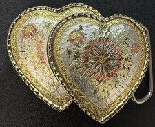 Western Dual Hearts and Flower's Belt Buckle Silver  Gold Tone