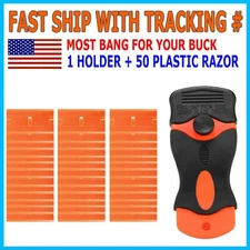 50 Pcs Plastic Razor Blades + 1 Razor Scraper Double Edged Sticker Removal Tool