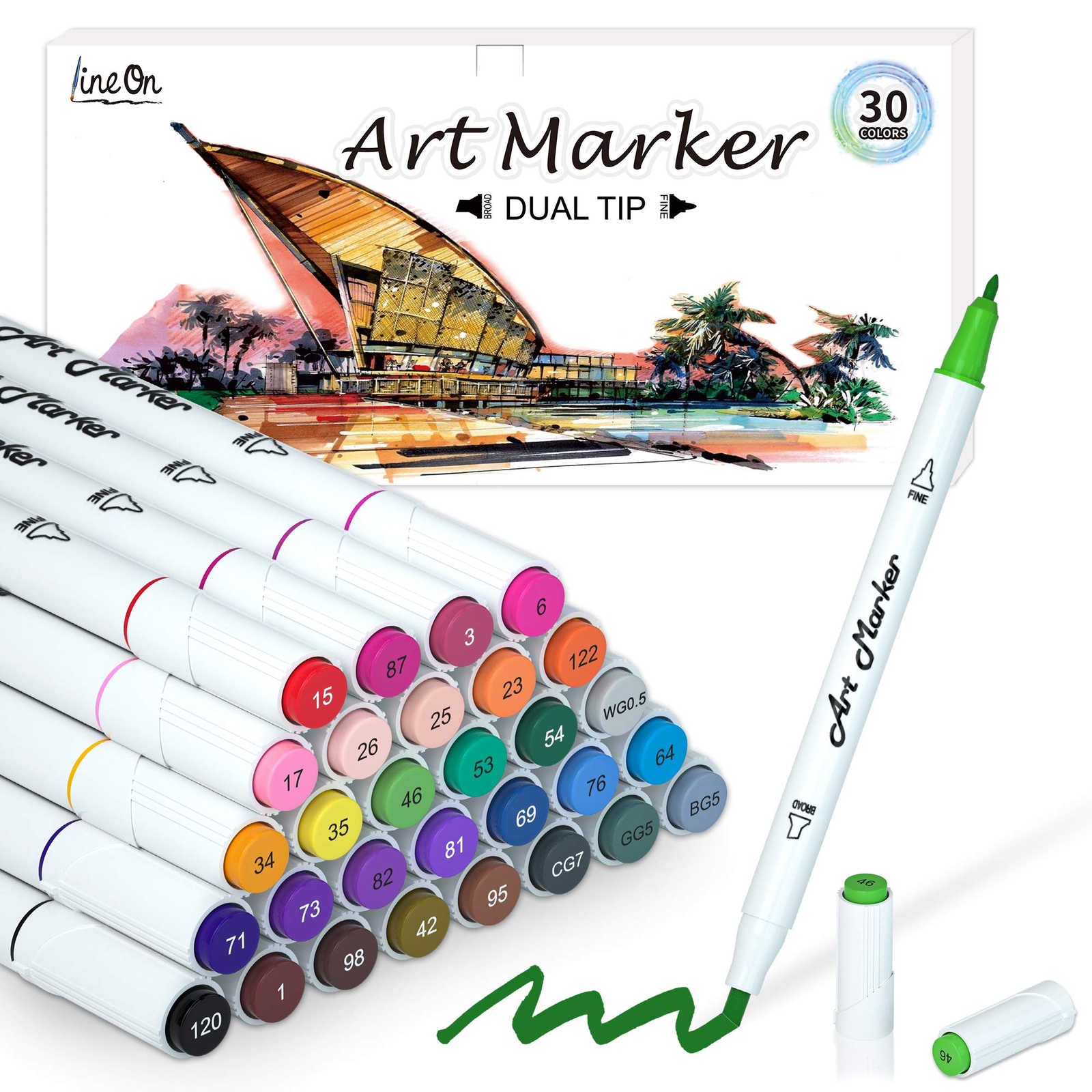 Dual Tip Alcohol Based Art Markers, Lineon 30 Colors Alcohol Marker Pens Perf...