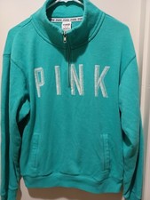 Victoria Secret PINK Quarter Zip Sweatshirt M Jacket Pullover Blue Logo women's