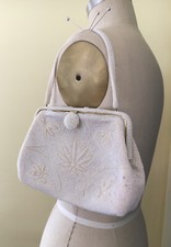 Vtg Beaded Purse Hand Bag 1960s White Floral Design Clasp Satin Interior w/ Box