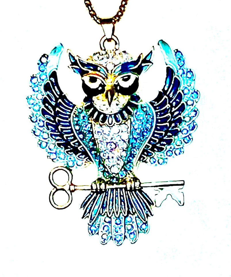 Ожерелье Betsey Johnson Blue AB Crystal Enamel Owl Perched on Golden Key СНЯТО С ПРОИЗВОДСТВА - Изображение 2 из 4