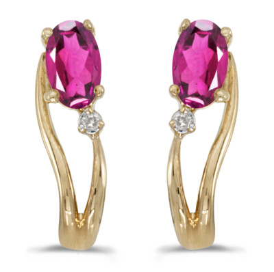 Ohrringe 14 Karat Gelbgold ovaler rosa Topas und Diamant Welle