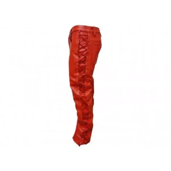 Nuevos Pantalones Rojos Hombres Genuinos Con Cordones Motociclista Elegante Diseñador Cuero Piel de Cordero Pista Foto 4 de 4
