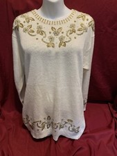 VTG Dana Scott Sweater Cream Christmas Gold/white Beads Embellished Womans M