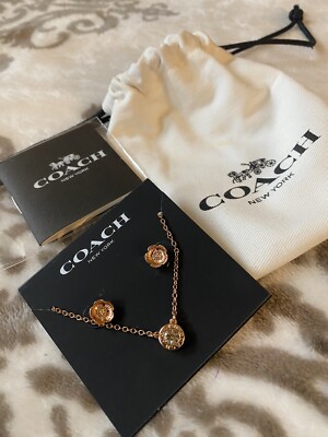 COACH Rose Gold Open Circle Necklace and Flower Earrings Set