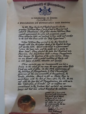 A Proclamation for Pennsylvania's 300th Birthday Celebration Certificate
