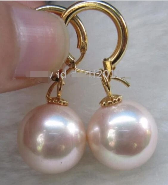 Beautiful  AAA+ 12mm South Sea pink round shell  Pearl Earrings 14K GOLD Dangle - Image 3 of 3