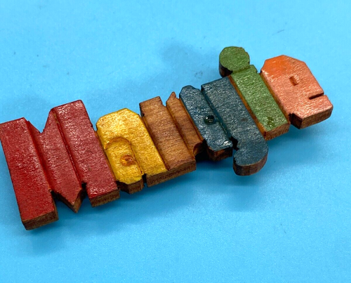 Artisan Made Wood Brooch Name "Margie" Hand Painted / Multi-Color 1980's Vintage - Picture 6 of 7