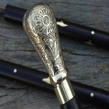 Antique Victorian Style Cane Vintage Solid Brass Handle Wooden Walking Stick