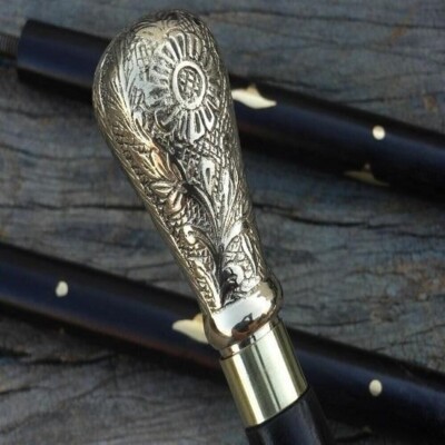 Antique Victorian Style Cane Vintage Solid Brass Handle Wooden Walking Stick