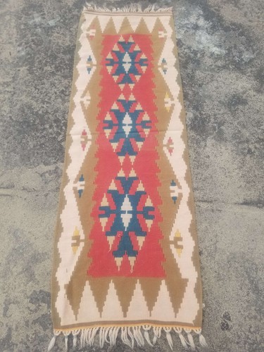 Fine Vintage Traditional Hand Made Oriental Wool Brown Kilim 170x56cm