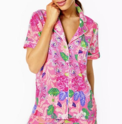Lilly Pulitzer Teagan Floral Satin Pajama Sleep Top Pink Isle Best Of Friends XL