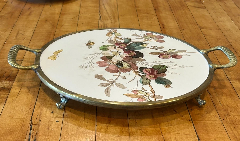 WMF 1900 Porcelana Latón Bandeja Soporte para Pasteles Floral con Mariposa y ABEJA! Alemania Foto 3 de 4