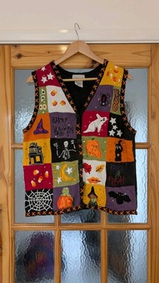 Vintage 90er Volkskunst Halloween Strick Weste Kitsch Patchwork bestickt Gr. L