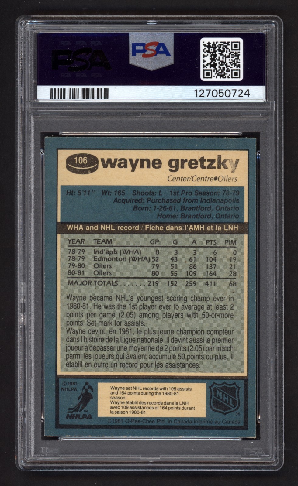 1981 OPC #106 WAYNE GRETZKY 3RD YEAR PSA 9 MINT view 2
