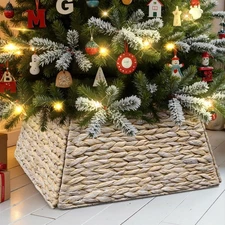 Natural Rattan Christmas Tree Collar 17 inch, Decorative Wicker Woven Tree Sk...