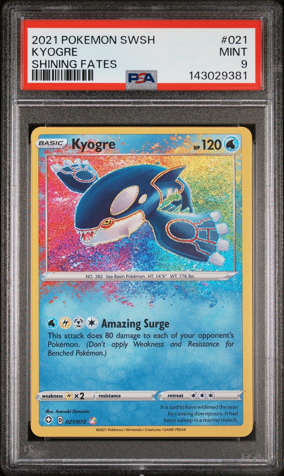2021 POKEMON SWORD & SHIELD SHINING FATES #021 KYOGRE PSA 9