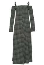 GANNI Size 44 XL Dress Mini Check Green Bay Seersucker Maxi Off Shoulder $375