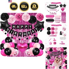 Pink and Black Birthday Party Decorations for Girls Happy Birthday Banner Hot...