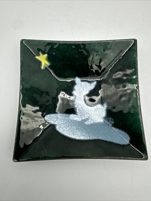 Vintage Enamel Copper Celestial Star Cloud Deer Green Trinket Ring Dish